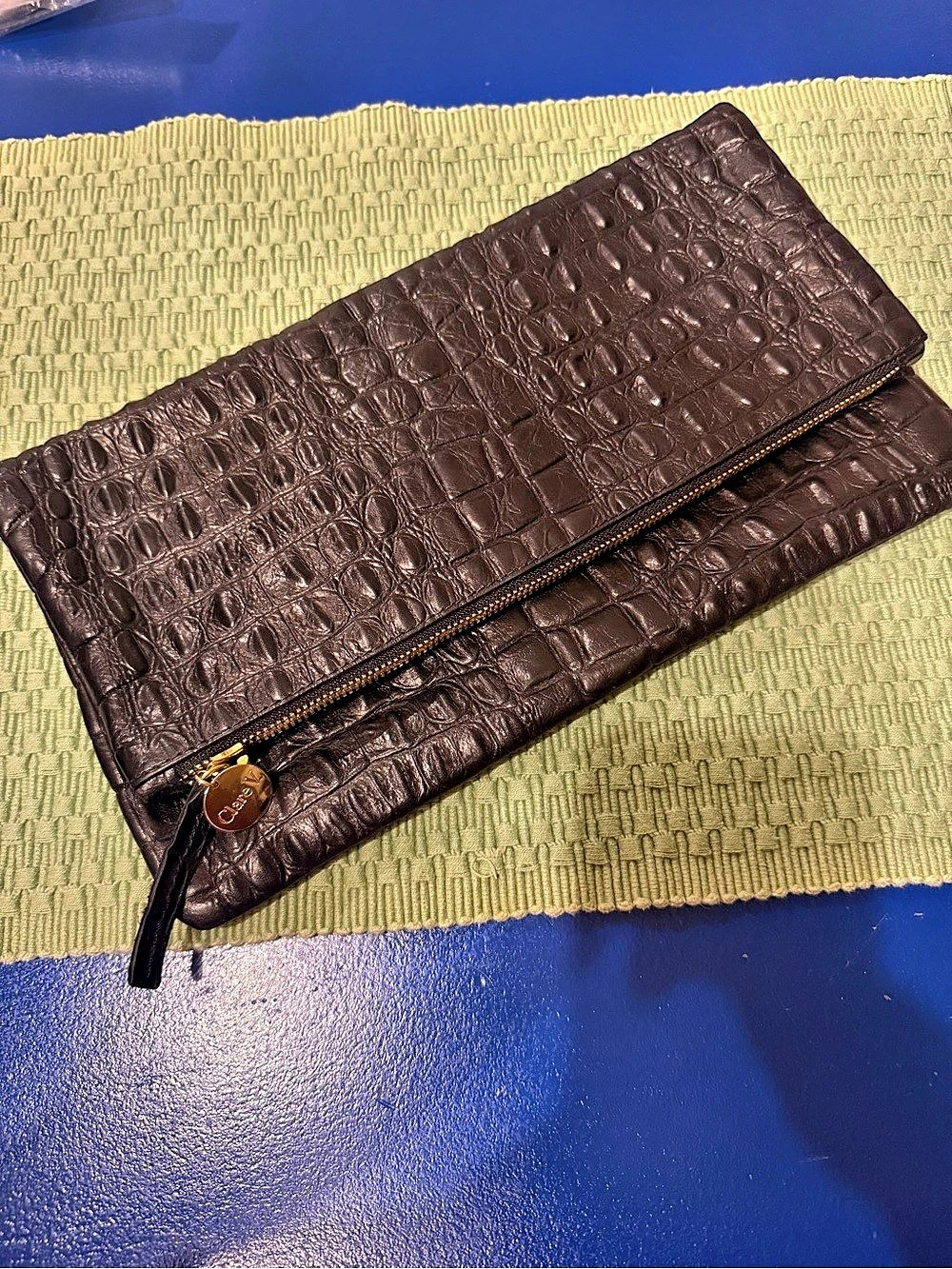 Clare V Black Croc Embossed Leather Foldover Clutch Pouch